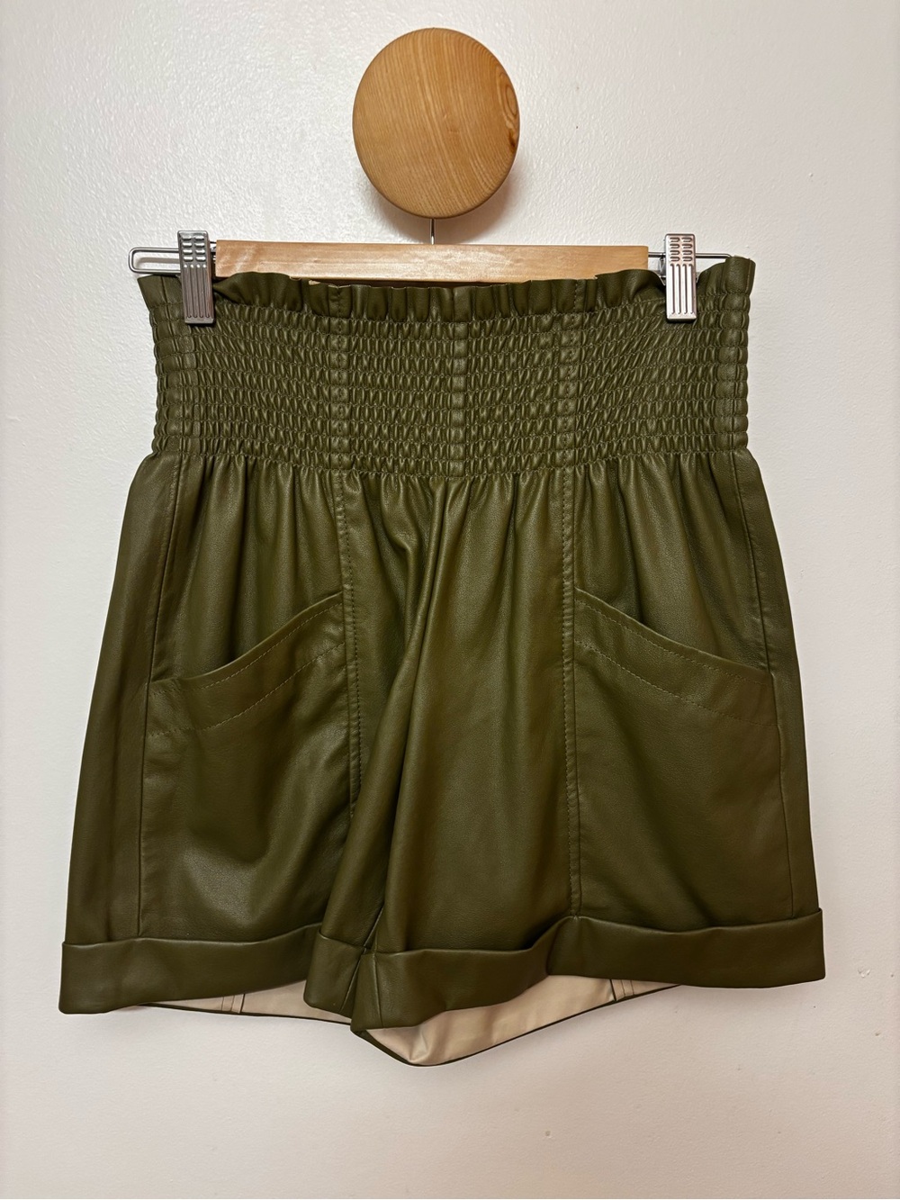 Trina Turk Olive Green High-Waist Faux Leather Shorts